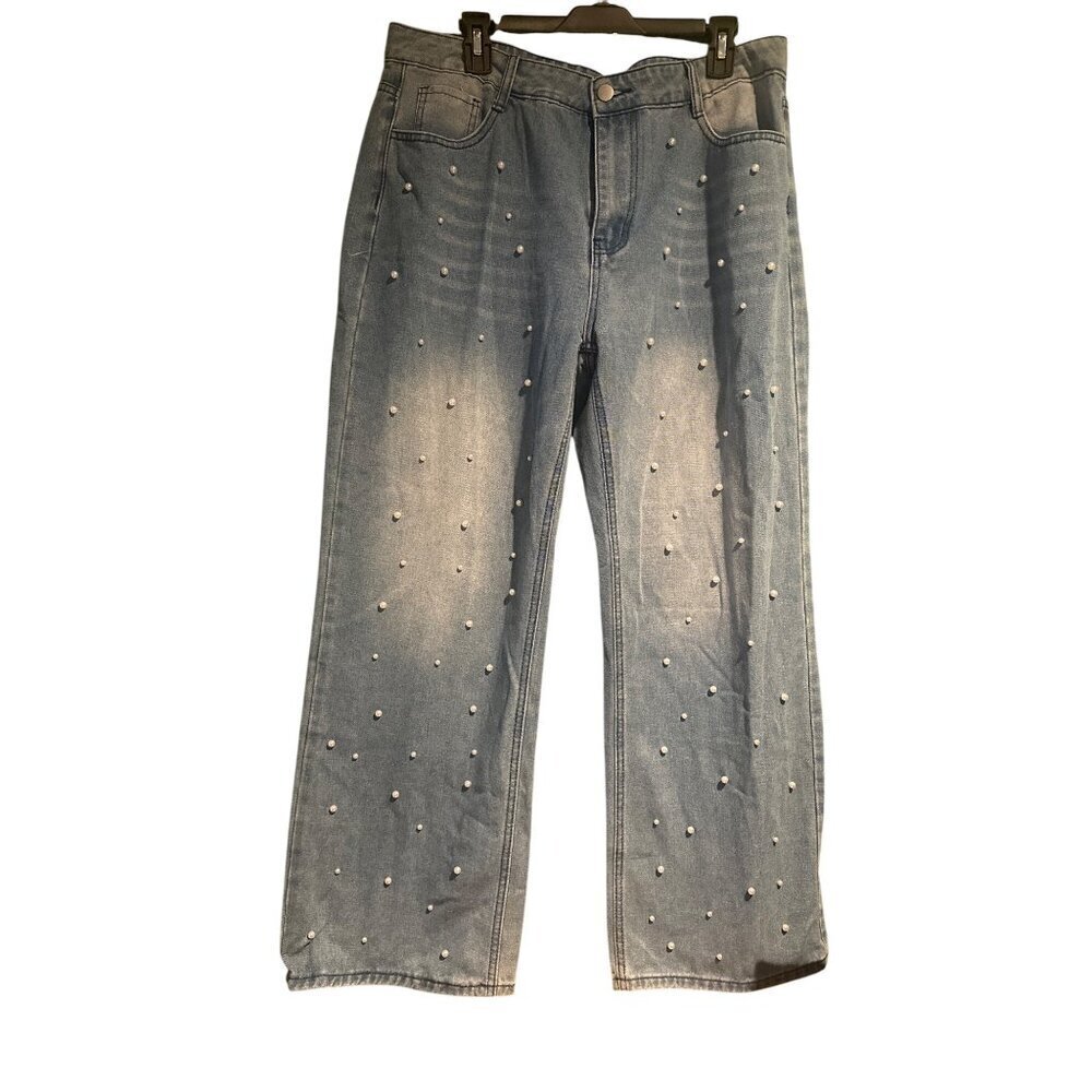 Women’s XXL Wide Leg Jeans Pearl Embellished Trendy Statement Denim Pants Spring